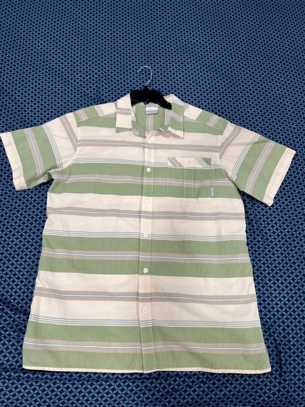 Columbia Green and Tan Striped Short-Sleeve Shirt